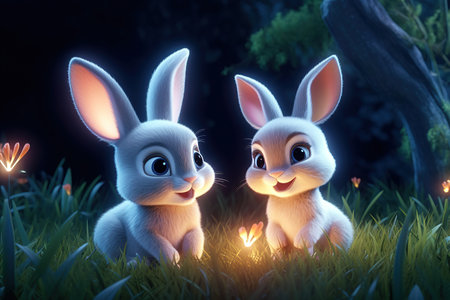 a cute adorable two baby rabbits by night with light in nature rendered in the style of children-friendly cartoon animation fantasy style 3D style Illustration created by AIの素材