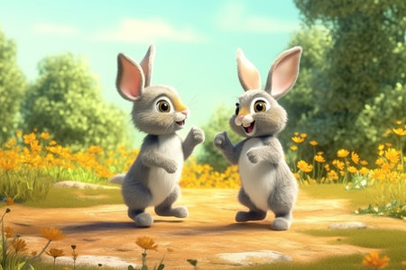 a cute adorable two baby rabbits  in nature rendered in the style of children-friendly cartoon animation fantasy style 3D style Illustration created by AIの素材