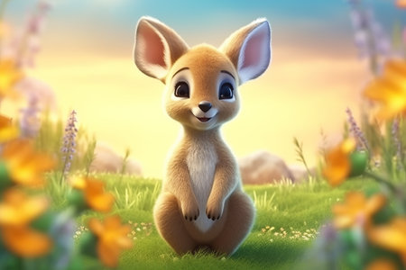 a cute adorable baby kangaroo stands in nature in the style of children-friendly cartoon animation fantasy  3D style Illustration  created by AIの素材