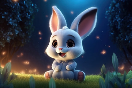 a cute adorable baby rabbit in nature by night with light rendered in the style of children-friendly cartoon animation fantasy style 3D style Illustration  created by AIの素材