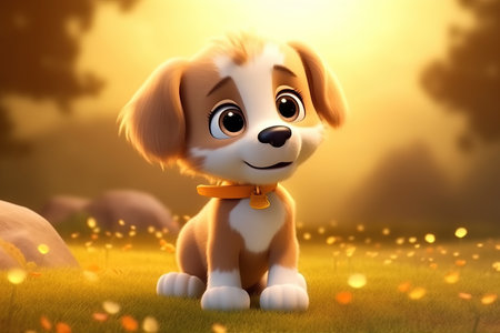 a cute adorable baby puppy stands in nature in the style of children-friendly cartoon animation fantasy  3D style Illustration  created by AIの素材