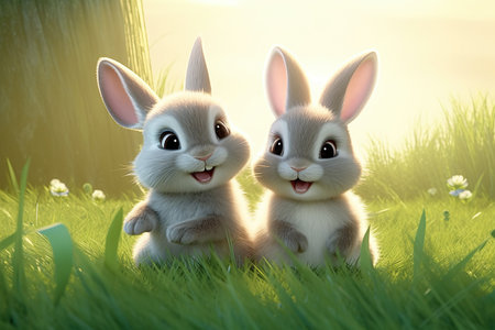 a cute adorable two baby rabbits  in nature rendered in the style of children-friendly cartoon animation fantasy style 3D style Illustration created by AIの素材