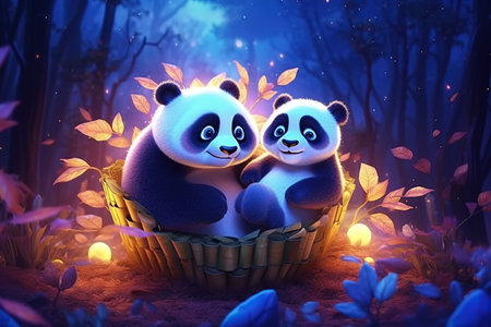 cute adorable baby panda with mother panda in nature by night with light  rendered in the style of fantasy cartoon animation style intended for children 3D style Illustration created by AIの素材