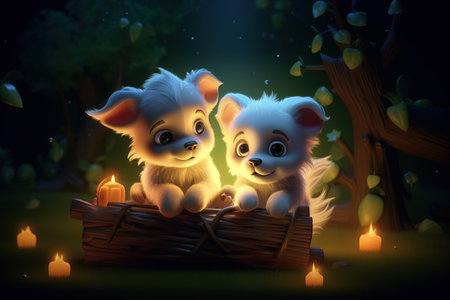 a cute adorable two baby puppies in nature by night with light rendered in the style of children-friendly cartoon animation fantasy style 3D style Illustration  created by AIの素材