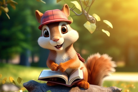 a cute adorable squirrel with  book, cap and scarf in nature  rendered in the style of children-friendly cartoon animation fantasy style 3D style Illustration created by AIの素材