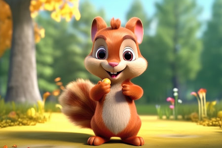 a cute adorable baby squirrel character stands in nature in the style of children-friendly cartoon animation fantasy 3D style Illustration  created by AIの素材