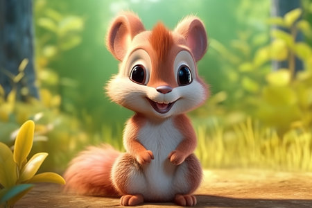 a cute adorable baby squirrel character stands in nature in the style of children-friendly cartoon animation fantasy 3D style Illustration  created by AIの素材