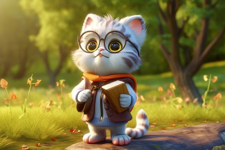 a cute adorable old cat with  book, cap and scarf in nature  rendered in the style of children-friendly cartoon animation fantasy style 3D style Illustration created by AIの素材