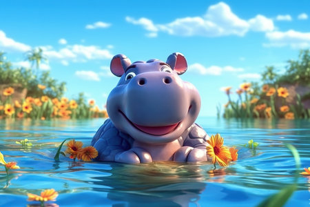 a cute adorable  baby hippo resting in river on a sunny day rendered in the style of children-friendly cartoon animation fantasy style 3D style Illustration created by AIの素材