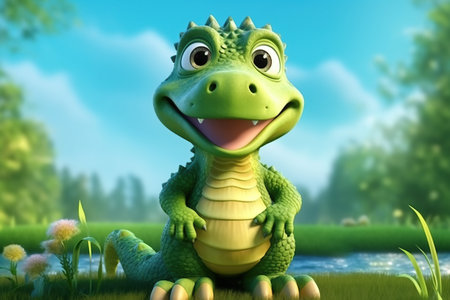a cute adorable baby alligator character stands in nature in the style of children-friendly cartoon animation fantasy 3D style Illustration created by AIの素材