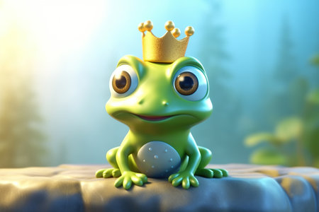 a cute adorable baby frog character with crown stands in nature with a lot of light in the style of children-friendly cartoon animation fantasy 3D style Illustration created by AIの素材