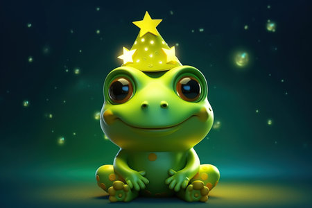 a cute adorable baby frog character with crown and scarf stands in nature by night with yellow light in the style of children-friendly cartoon animation fantasy 3D style Illustration  created by AIの素材