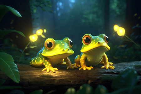 a cute adorable two baby frogs by night with yellow light in nature rendered in the style of children-friendly cartoon animation fantasy style 3D style Illustration created by AIの素材