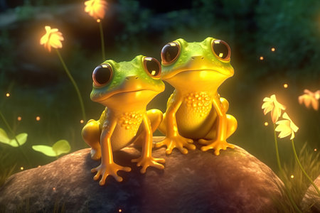 a cute adorable two baby frogs by night with yellow light in nature rendered in the style of children-friendly cartoon animation fantasy style 3D style Illustration created by AIの素材