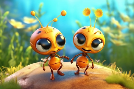 a cute adorable two baby ants character stands in nature in the style of children-friendly cartoon animation fantasy 3D style Illustration  created by AIの素材