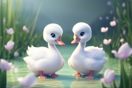 a cute adorable two baby swans character stands in nature in the style of children-friendly cartoon animation fantasy 3D style Illustration  created by AIの素材