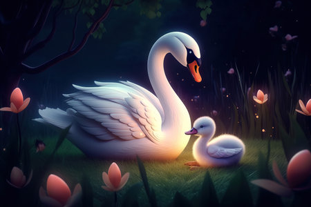 cute adorable baby swan with mother swan in nature by night with light rendered in the style of fantasy cartoon animation style intended for children 3D style Illustration created by AIの素材