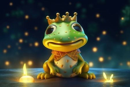 a cute adorable baby frog character with crown and scarf stands in nature by night with yellow light in the style of children-friendly cartoon animation fantasy 3D style Illustration  created by AIの素材
