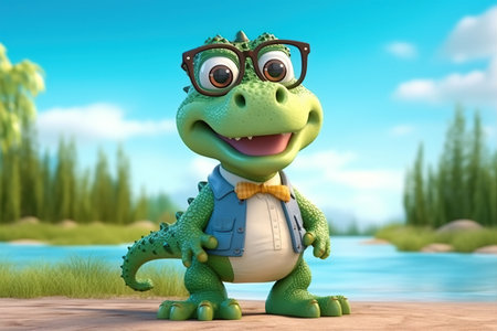 a cute adorable baby alligator with glasses character stands in nature in the style of children-friendly cartoon animation fantasy 3D style Illustration created by AIの素材
