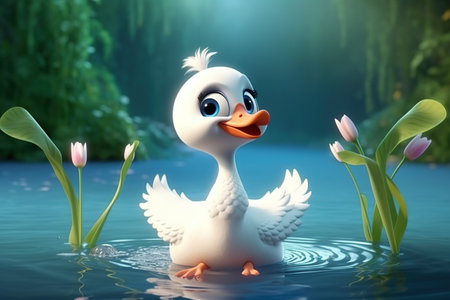 a cute adorable baby swan character stands in nature in the style of children-friendly cartoon animation fantasy  3D style Illustration created by AIの素材