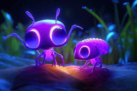 a cute adorable two baby alien ants character stands in nature by night with neon violet yellow light in the style of children-friendly cartoon animation fantasy 3D style Illustration created by AIの素材