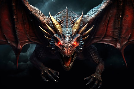 a dragon flying through a cloudy sky created by generative AIの素材