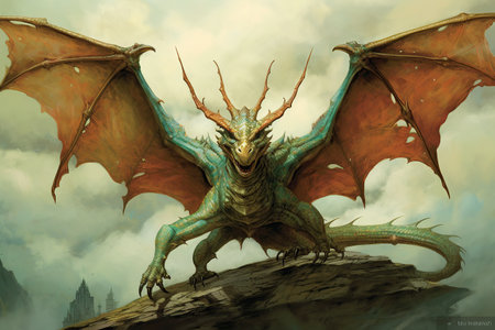 a dragon flying through a cloudy sky created by generative AIの素材