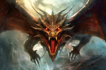 a dragon flying through a cloudy sky created by generative AIの素材