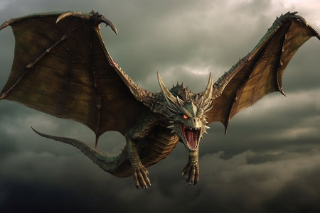 a dragon flying through a cloudy sky created by generative AIの素材