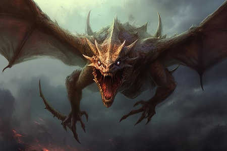 a dragon flying through a cloudy sky created by generative AIの素材