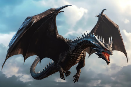 a dragon flying through a cloudy sky created by generative AIの素材