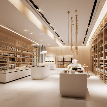 A modern minimalist style cultural and creative store with large space and bright visual lighting created by generative AIの素材