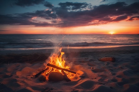 Camp fire on  beach  created by generative AI created by generative AIの素材