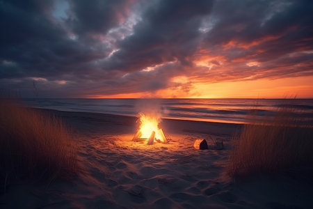Camp fire on  beach  created by generative AI created by generative AIの素材