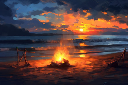 Camp fire on  beach  created by generative AI created by generative AIの素材