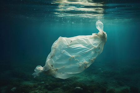 Plastic bag under water. The concept of ocean and sea plastic pollution created by generative AIの素材