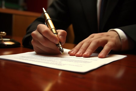 Business man signing a contract or agreement in modern office created by generative AIの素材