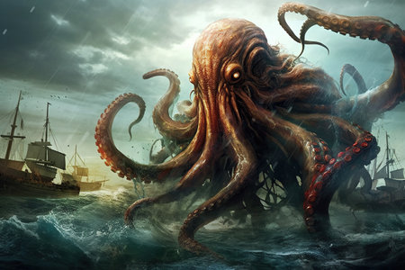 Monster octopuse swim in the sea created by generative AIの素材