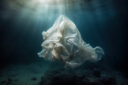 Plastic bag under water. The concept of ocean and sea plastic pollution created by generative AIの素材