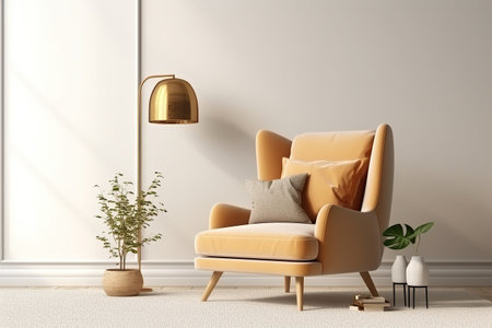 Interior design of luxury living room with yellow armchair and lavender table and purple walls created by generative AIの素材
