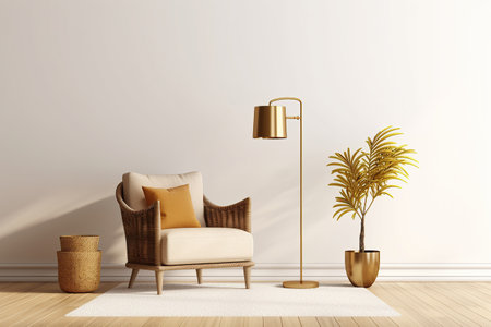 Interior design of luxury living room with yellow armchair and lavender table and purple walls created by generative AIの素材