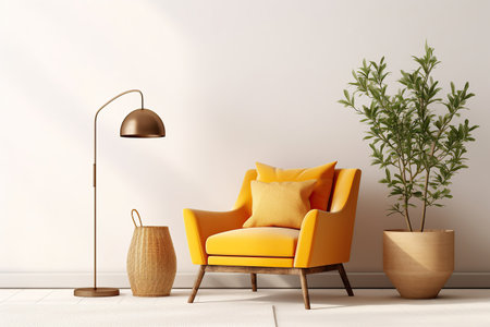 Interior design of luxury living room with yellow armchair and lavender table and purple walls created by generative AIの素材