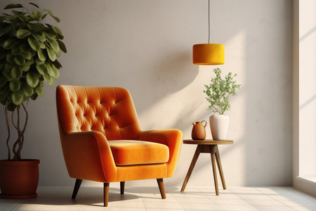 Interior design of luxury living room with yellow armchair and lavender table and purple walls created by generative AIの素材