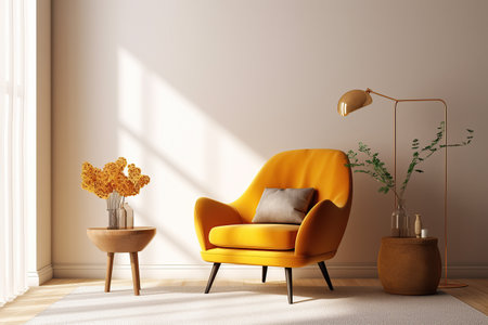 Interior design of luxury living room with yellow armchair and lavender table and purple walls created by generative AIの素材