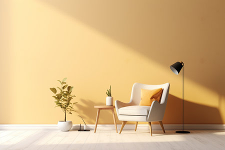 Interior design of luxury living room with yellow armchair and lavender table and purple walls created by generative AIの素材