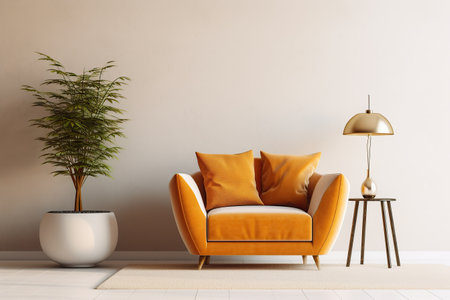 Interior design of luxury living room with yellow armchair and lavender table and purple walls created by generative AIの素材