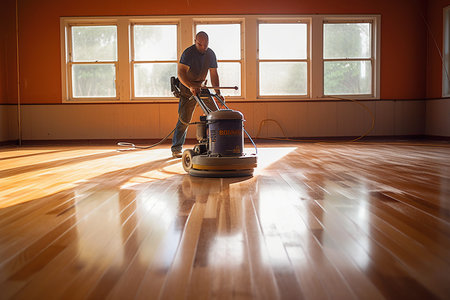 Closeup of janitor cleaning floor with polishing machine indoors. Scrubber machine for stone or parquet floor cleaning created by generative AIの素材