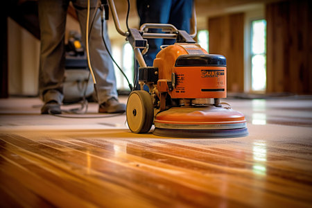 Closeup of janitor cleaning floor with polishing machine indoors. Scrubber machine for stone or parquet floor cleaning created by generative AIの素材