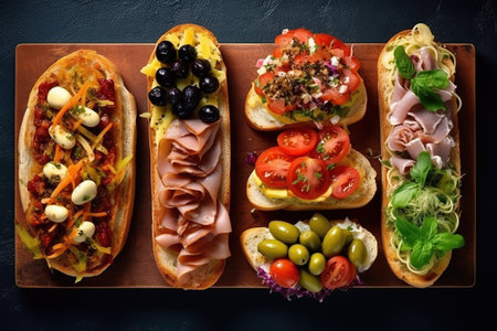 Assortment of various toppings baked sandwiches created by generative AIの素材