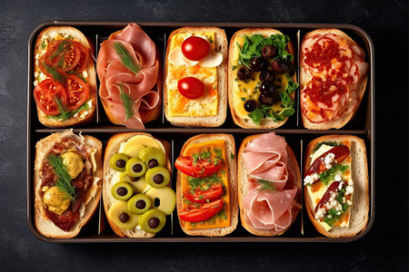 Assortment of various toppings baked sandwiches created by generative AIの素材